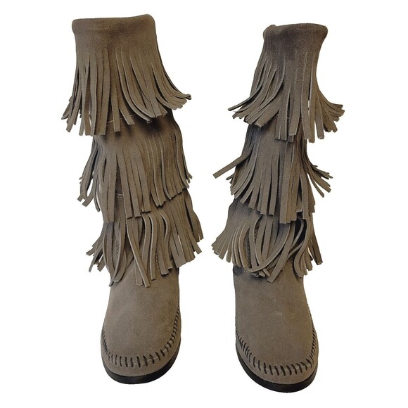 Minnetonka Suede Calf Hi 3-Layer Fringe Moccasin Pocahontas Cowgirl Western Boot - Picture 3 of 11